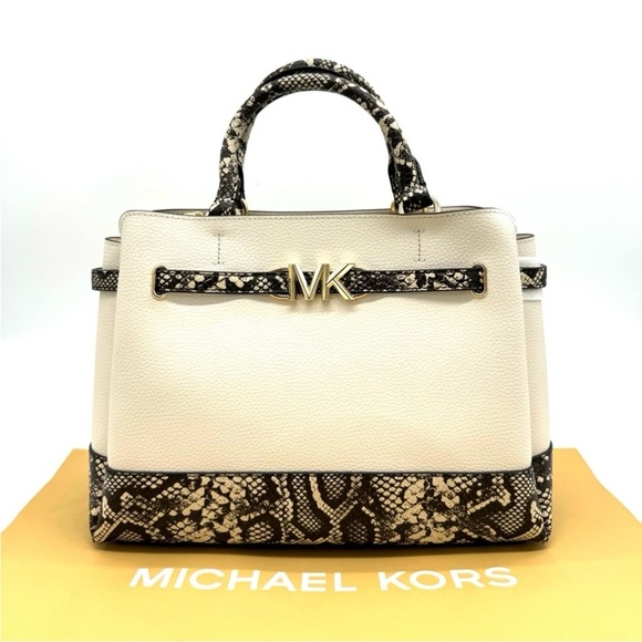 Michael Kors Reed Large Belted Satchel Crossbody Bag Light Cream Snakeskin - Picture 1 of 11
